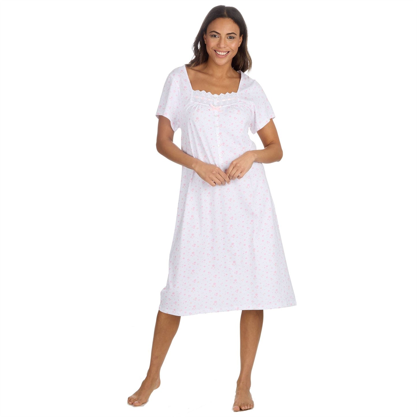 Cottonique Short Sleeve Floral Nightdress - White/Pink Cottonique