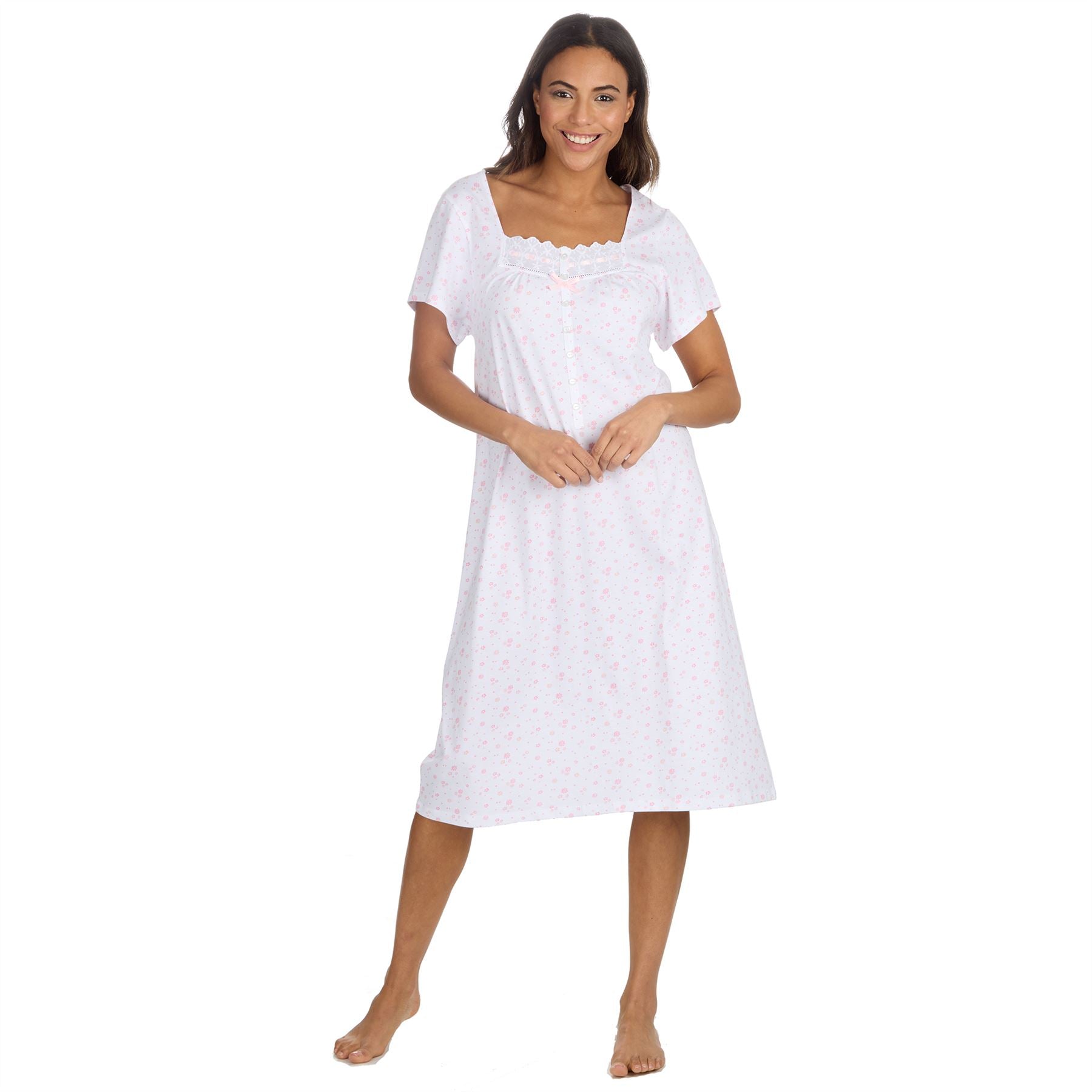 Cottonique Short Sleeve Floral Nightdress - White/Pink Cottonique
