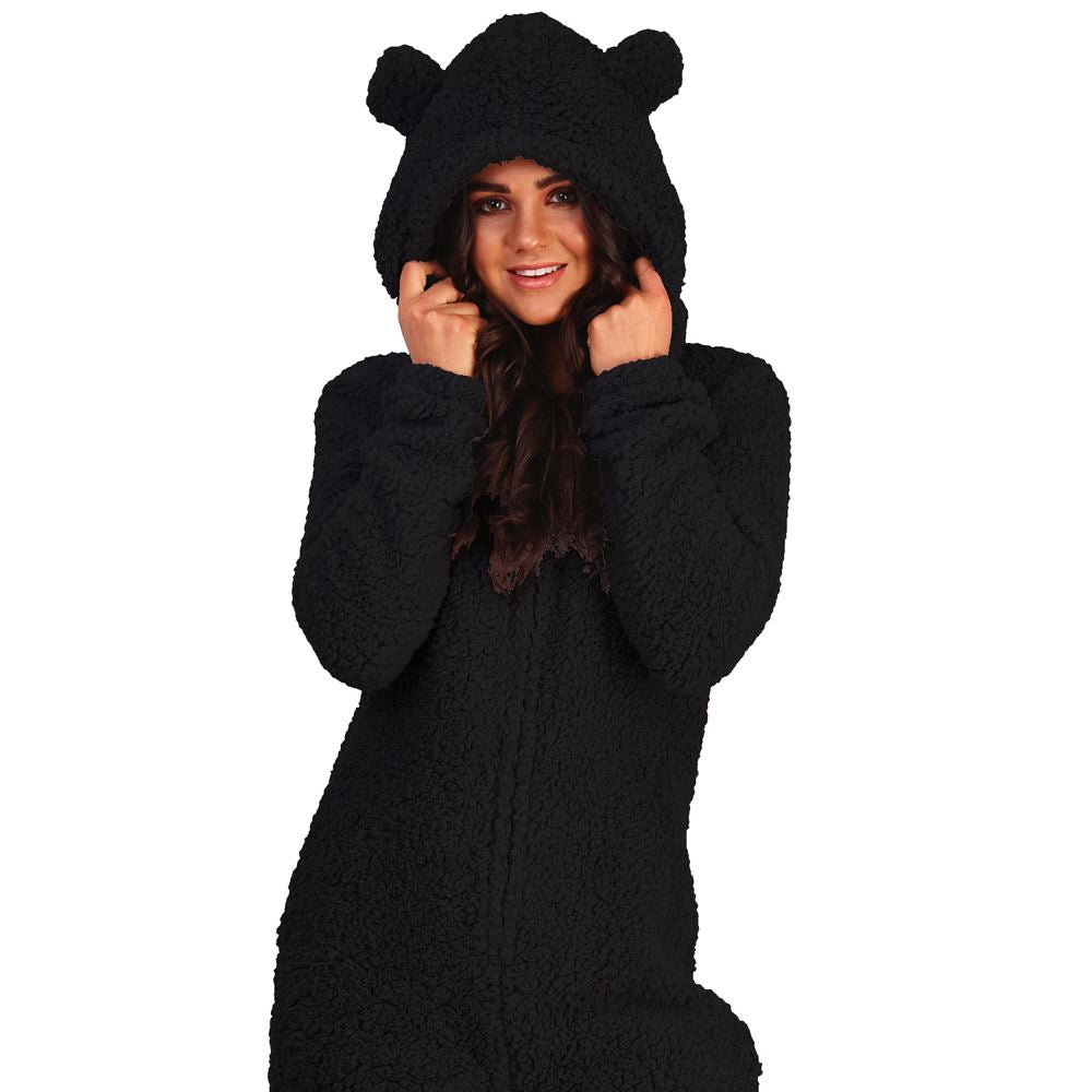 Loungeable Womens Teddy Sherpa Fleece Romper Onesie - Black