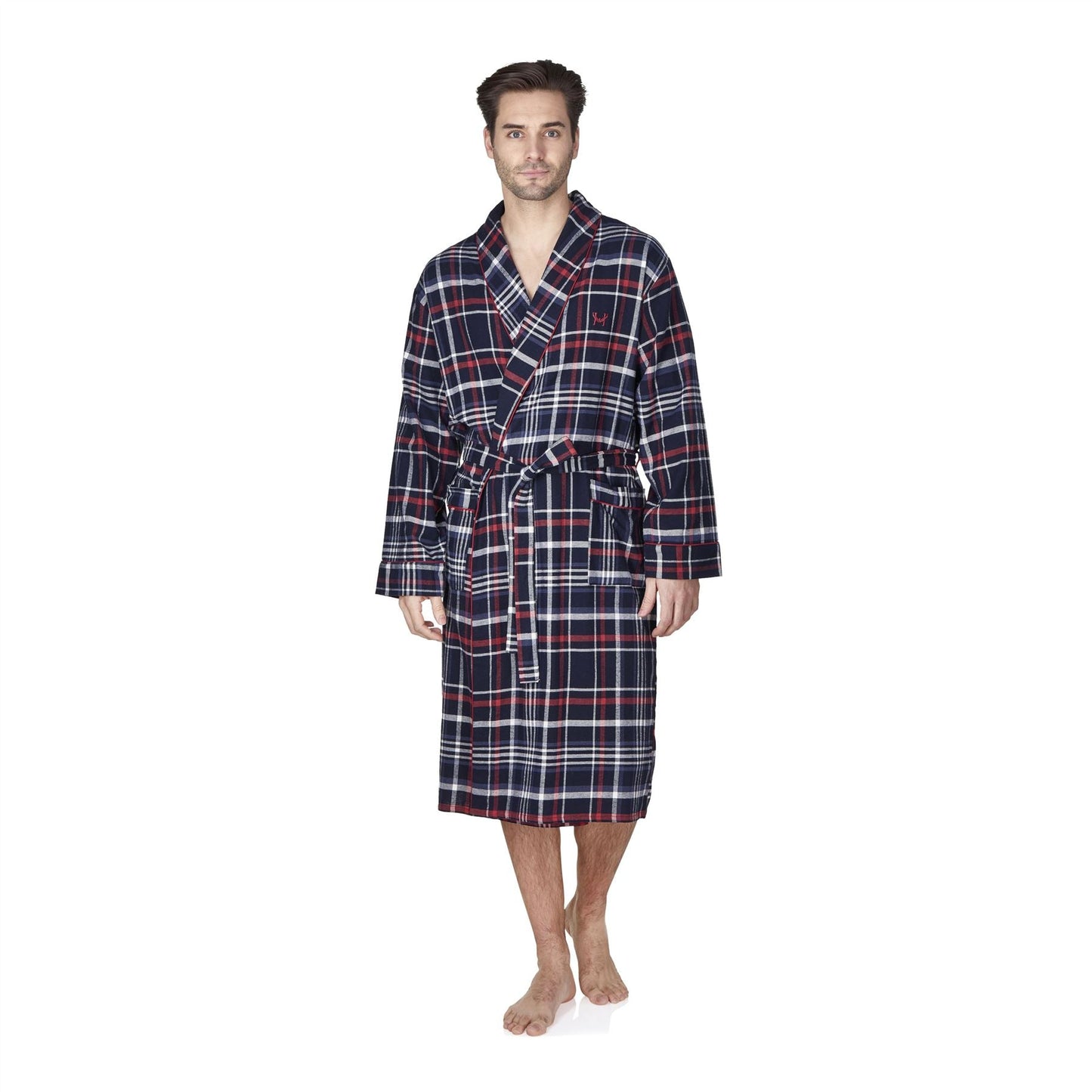 Haigman Mens Brushed Cotton Robe - Navy/Red Check Haigman