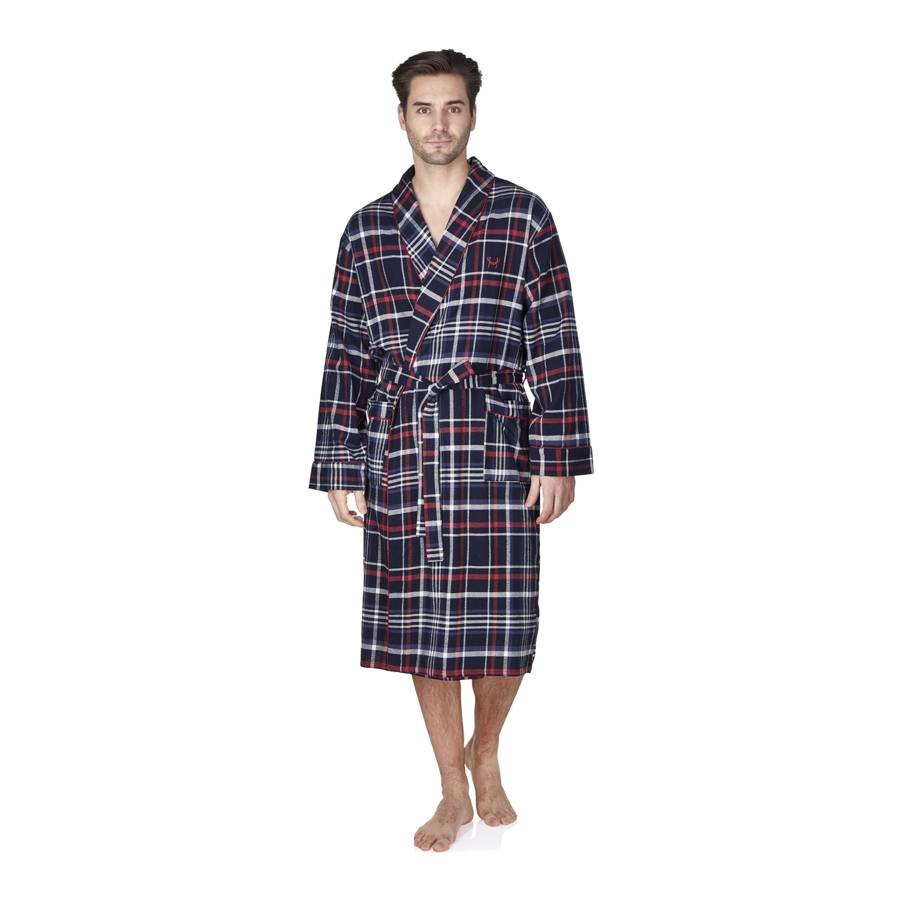 Haigman Mens Brushed Cotton Robe - Navy/Red Check Haigman