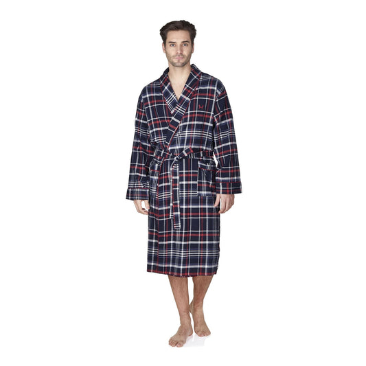 Haigman Mens Brushed Cotton Robe - Navy/Red Check Haigman