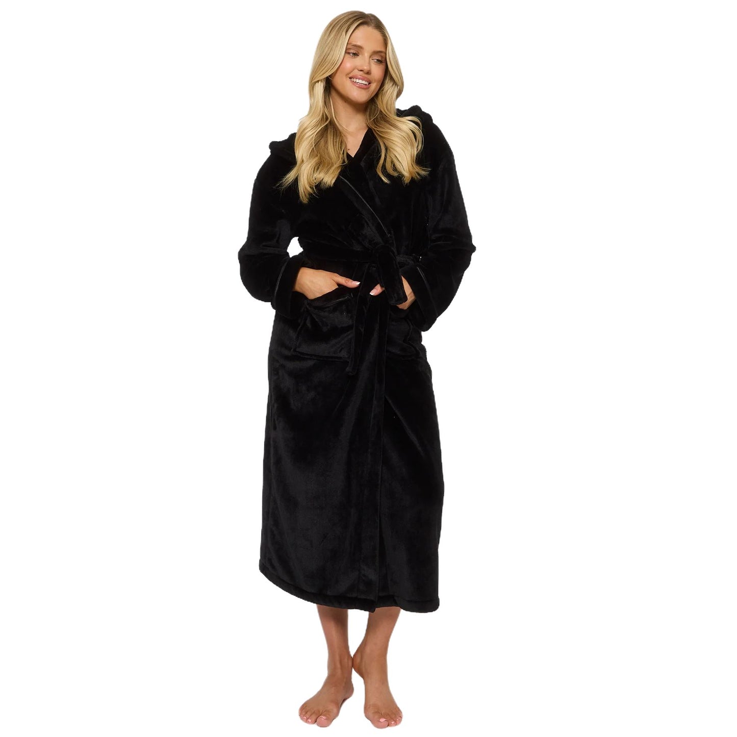Loungeable Ribbon Trim Luxury Fleece Hooded Maxi Robe - Black
