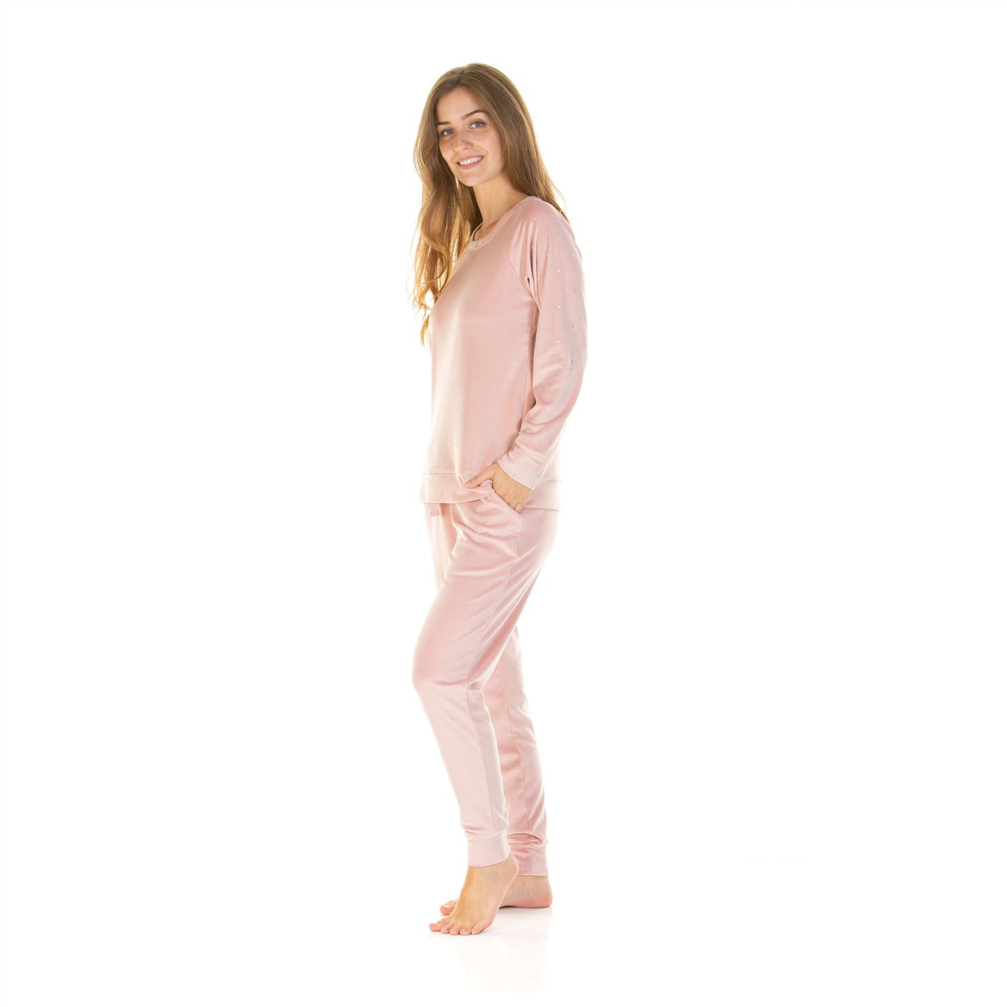 La Marquise Womens Velour Lounge Diamond Shoulder Pyjamas - Pink
