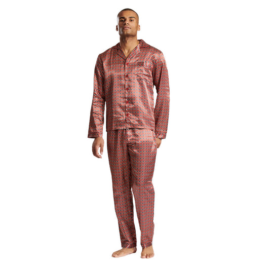 Loungeable Mens Patterned Satin Pyjamas - Burgundy