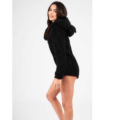 Loungeable Womens Teddy Sherpa Fleece Romper Onesie - Black
