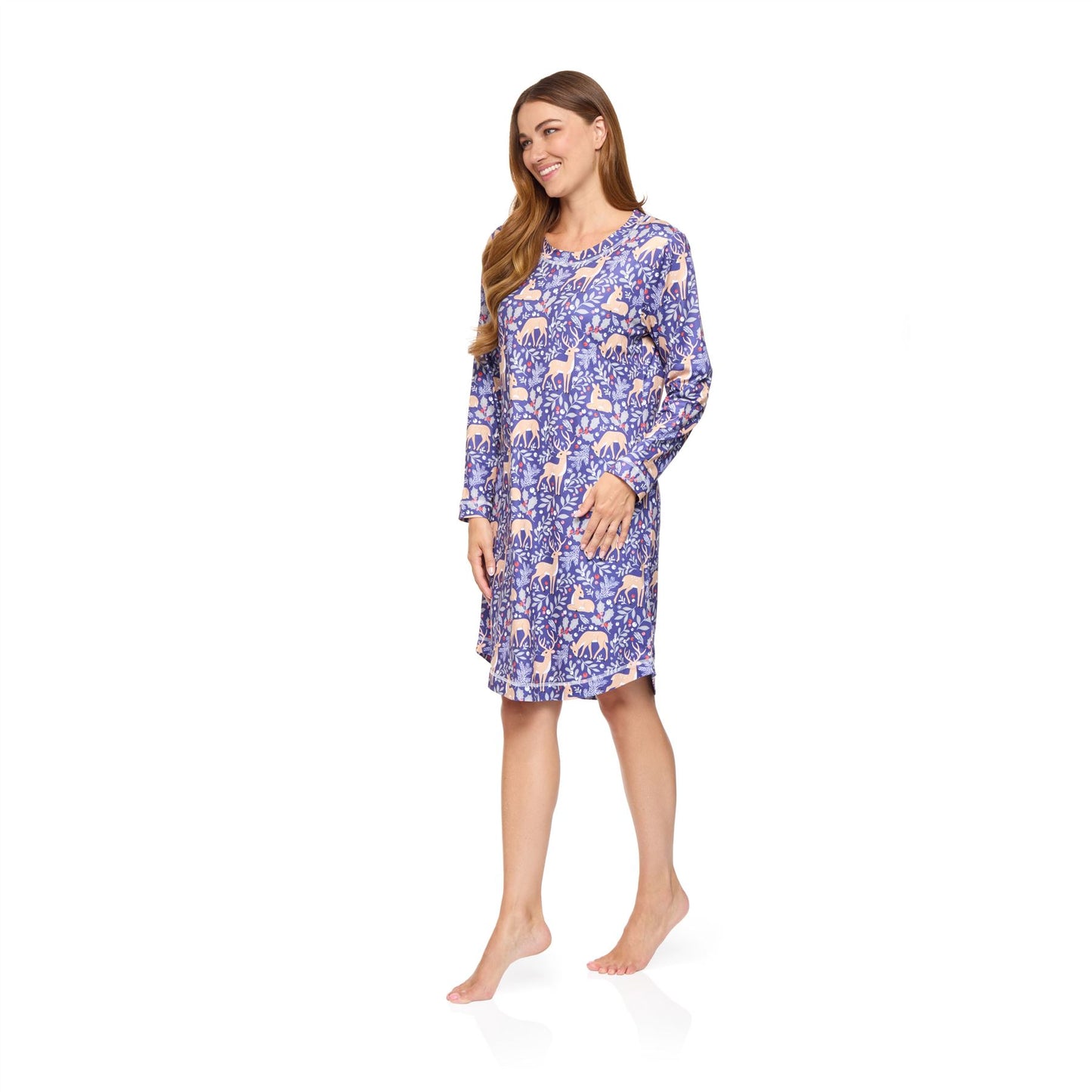 La Marquise Womens Jersey Knit Winter Fawn Long Sleeve Nightdress - Blue