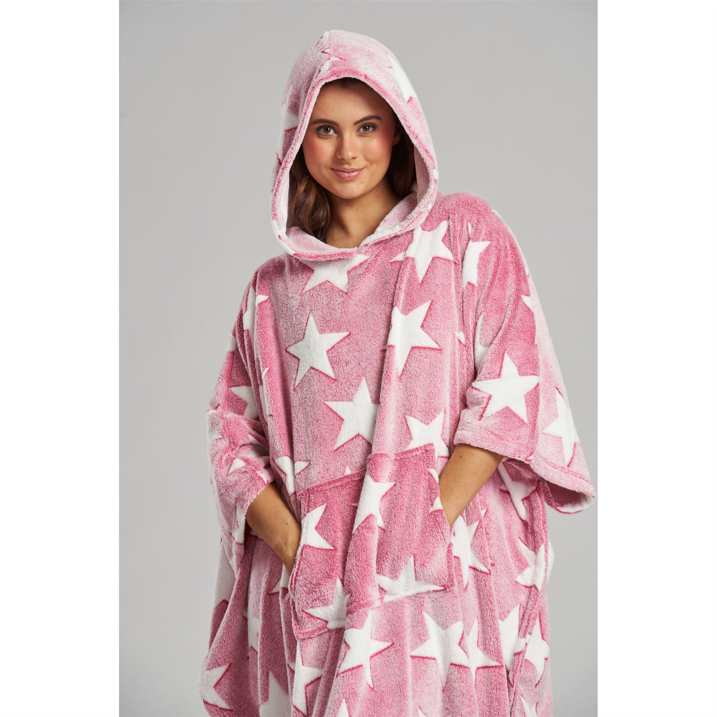 Loungeable Womens Star Long Luxury Fleece Hooded Poncho - Pink