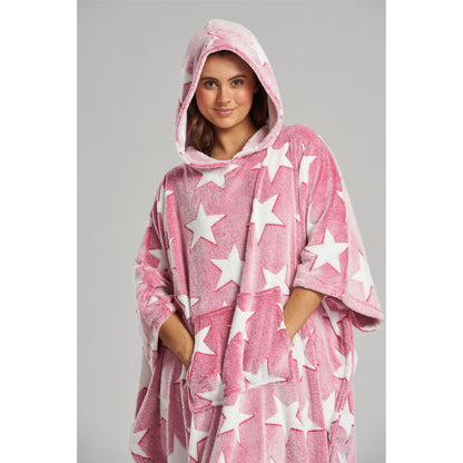 Loungeable Womens Star Long Luxury Fleece Hooded Poncho - Pink