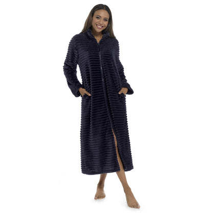 Wolf and Harte Womens Zip Through Ribbed Fleece Robe - Navy