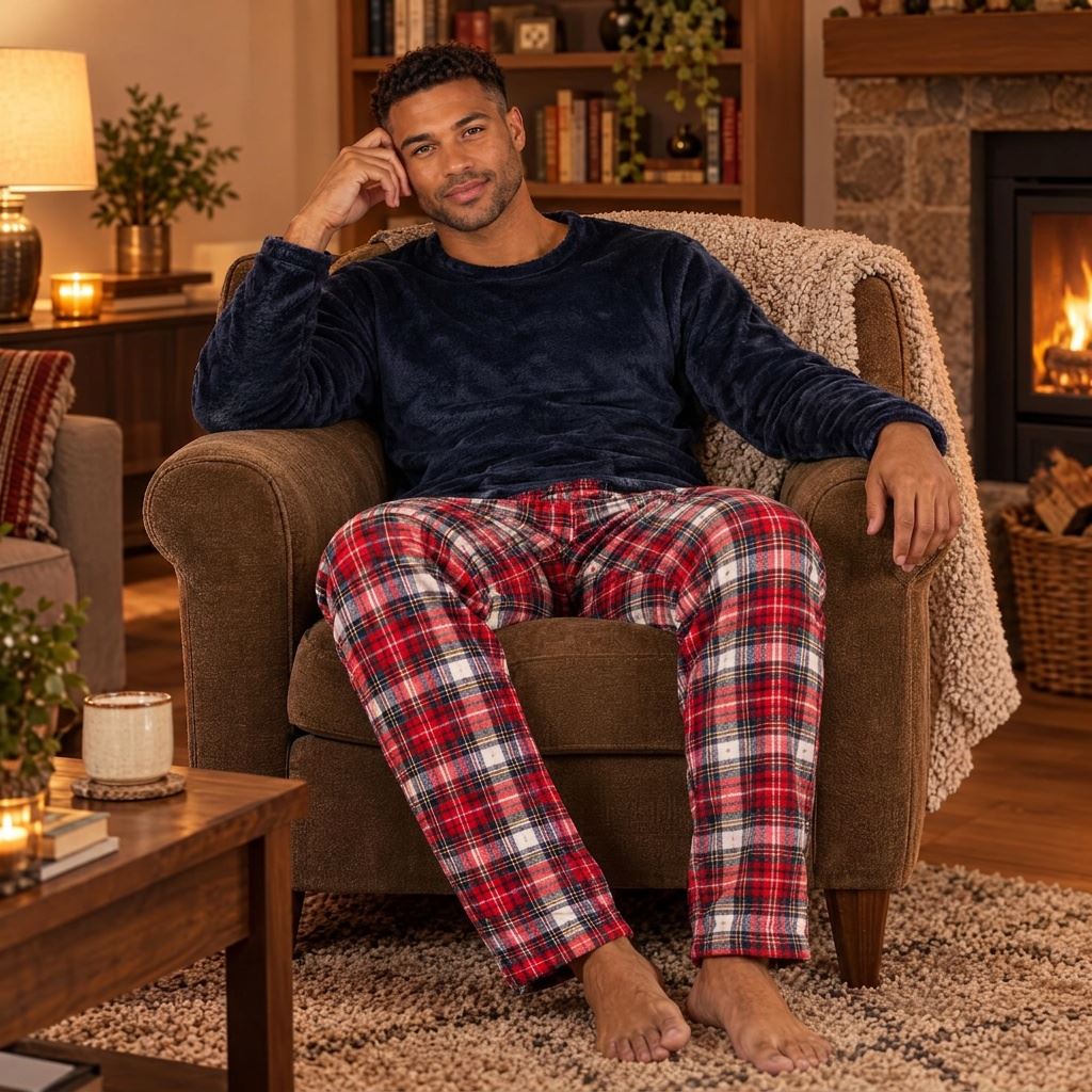 Cargo Bay Mens Crew Neck Fleece Pyjamas - Navy/Red Check Cargo Bay