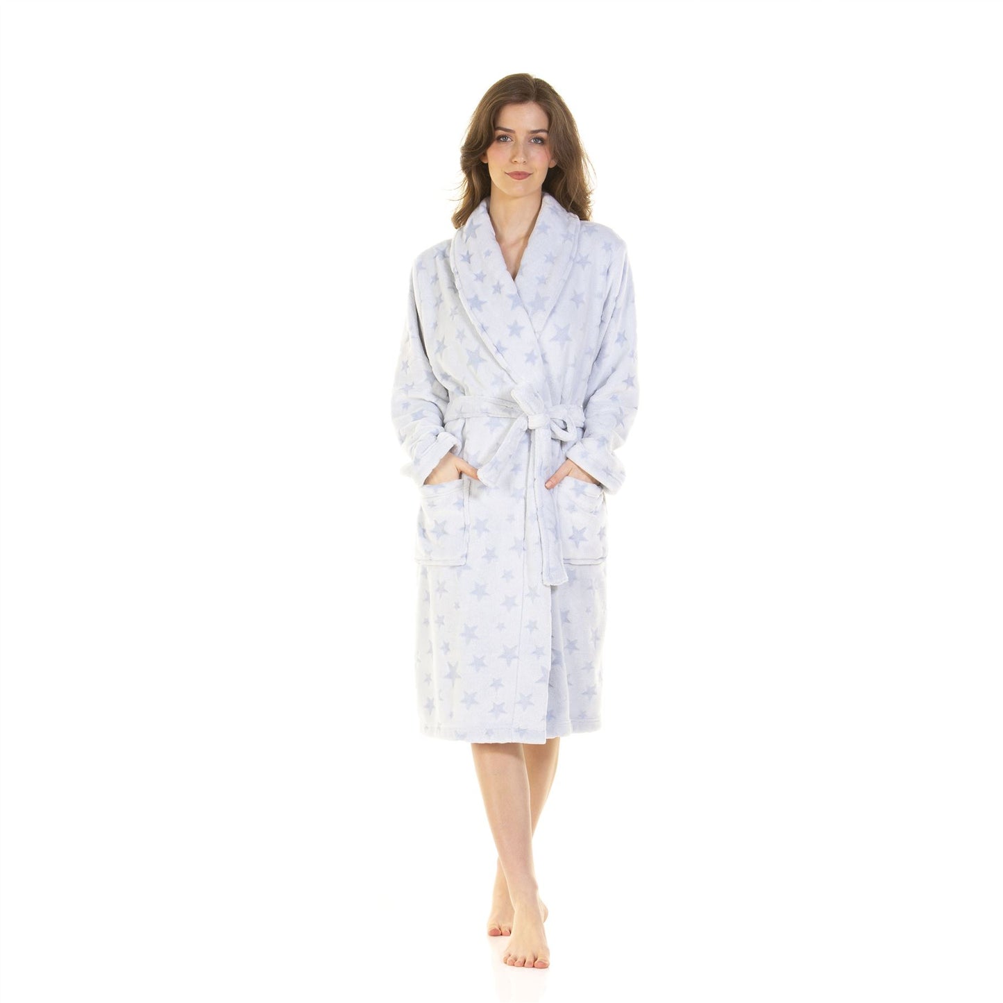 La Marquise Womens Supersoft Fleece Robe - Blue Stars