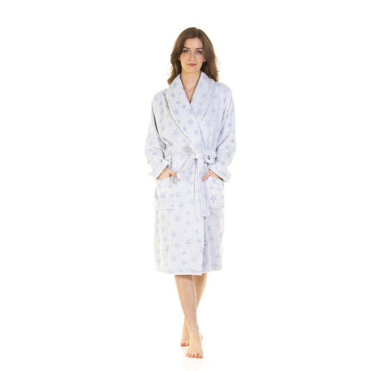La Marquise Womens Supersoft Fleece Robe - Blue Stars