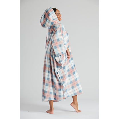 Loungeable Womens Long Fleece Hooded Check Poncho - Pink/Blue