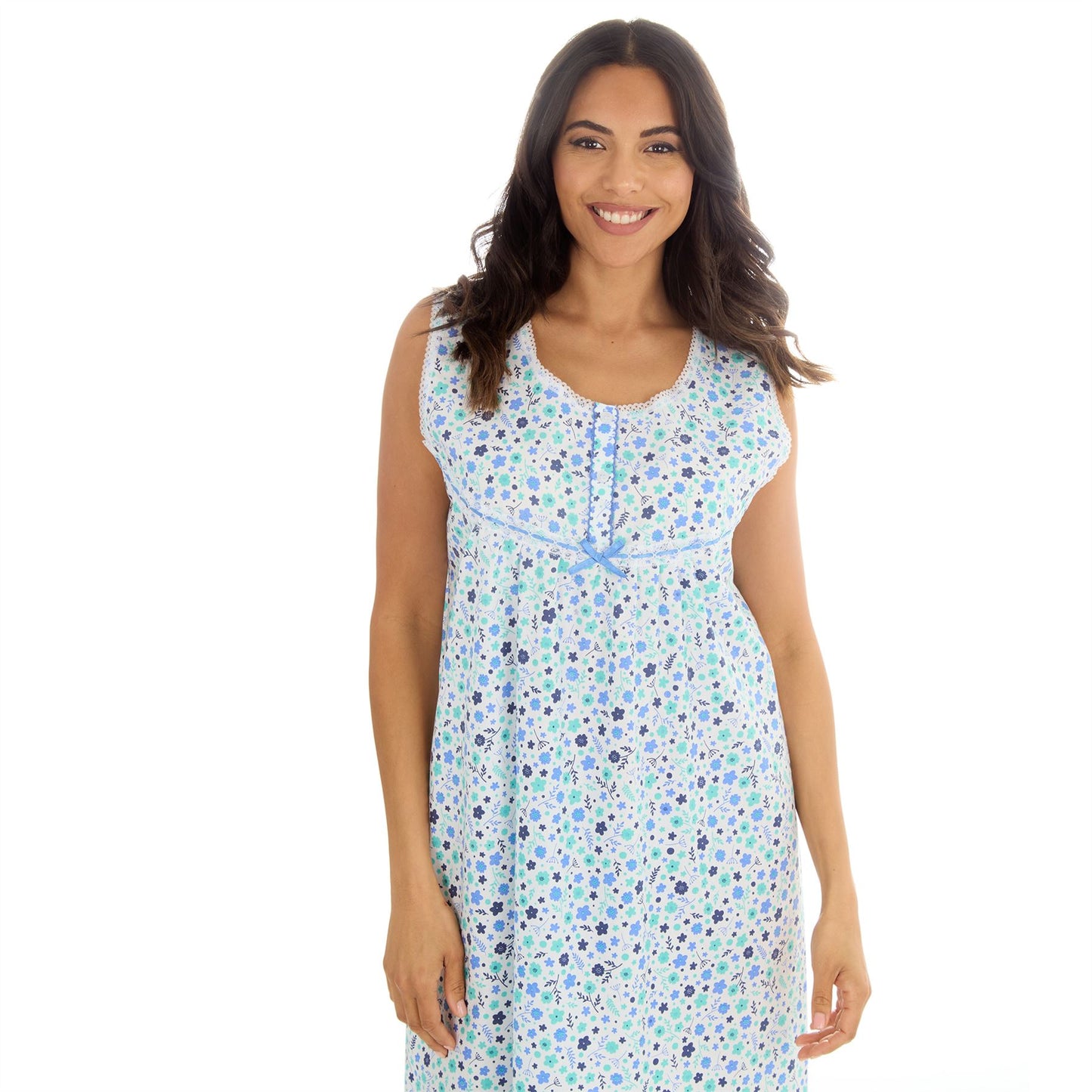 Countess Christie Sleeveless Woven Poplin Floral Nightdress - Blue/Mint