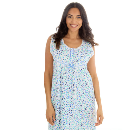 Countess Christie Sleeveless Woven Poplin Floral Nightdress - Blue/Mint
