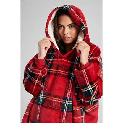 Loungeable Womens Tartan Sherpa Lined Fleece Poncho - Red Check
