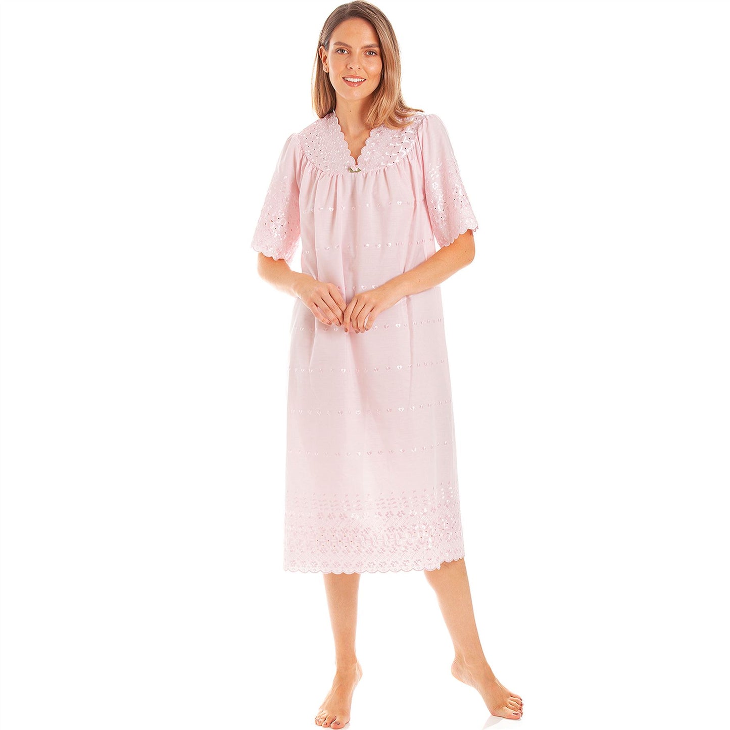 Lady Olga Womens V Neck Embroidery Anglaise Nightdress - Pink