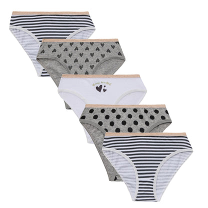 4Kidz Girls Briefs 5 Pack - Hearts/Stripes (7-13 Years)