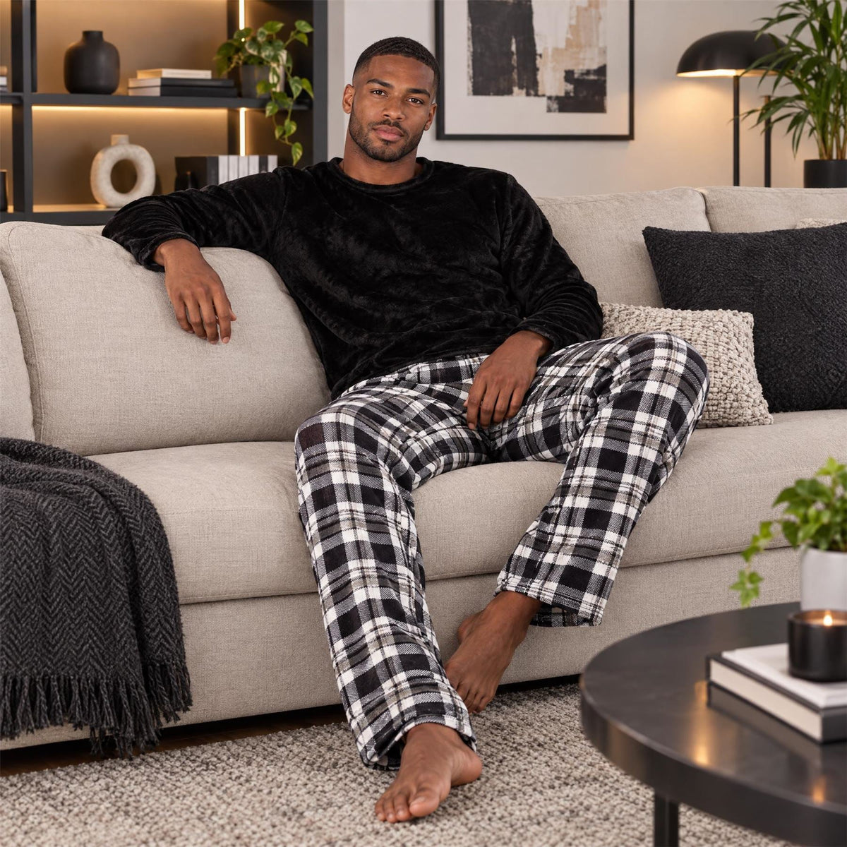 Cargo Bay Mens Crew Neck Fleece Pyjamas - Black Check Cargo Bay
