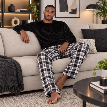 Cargo Bay Mens Crew Neck Fleece Pyjamas - Black Check Cargo Bay
