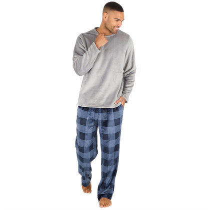 Cargo Bay Mens Fleece Pyjamas - Grey/Navy Check