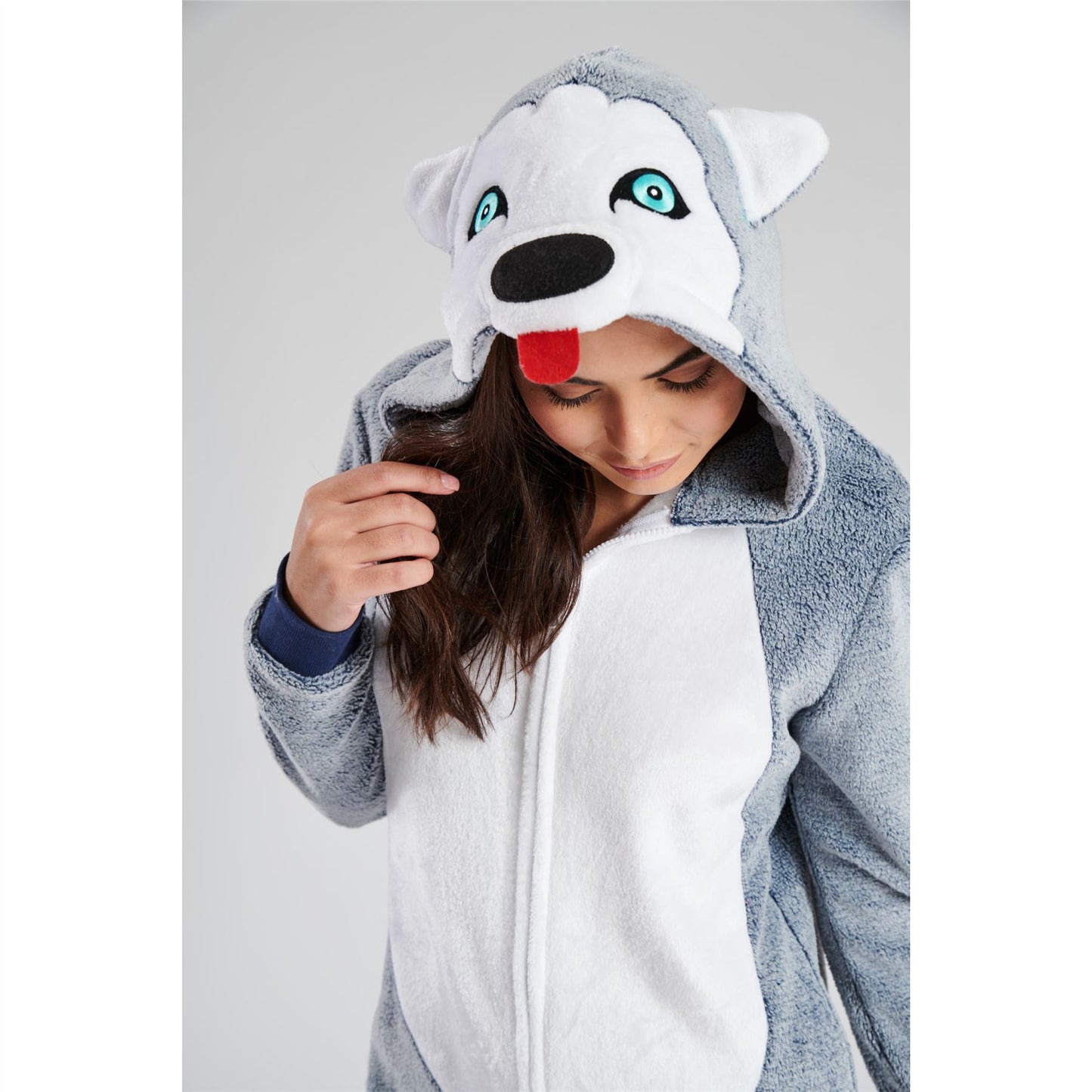 Loungeable Womens Husky Dog Fleece Onesie - Blue/Grey