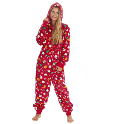 Onezee Unisex Christmas Print Flannel Fleece Onesie - Red