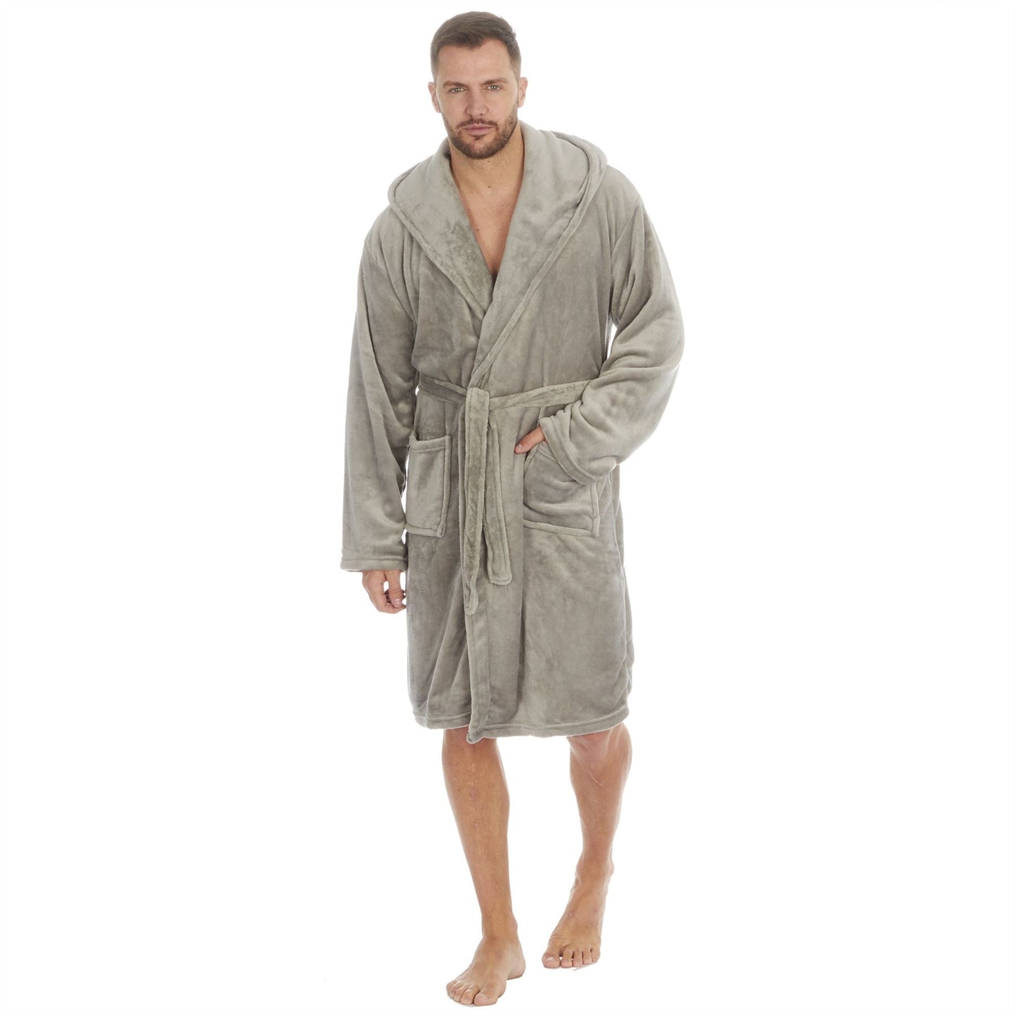 Pierre Roche Mens Flannel Fleece Hooded Robe - Grey (3XL-5XL)