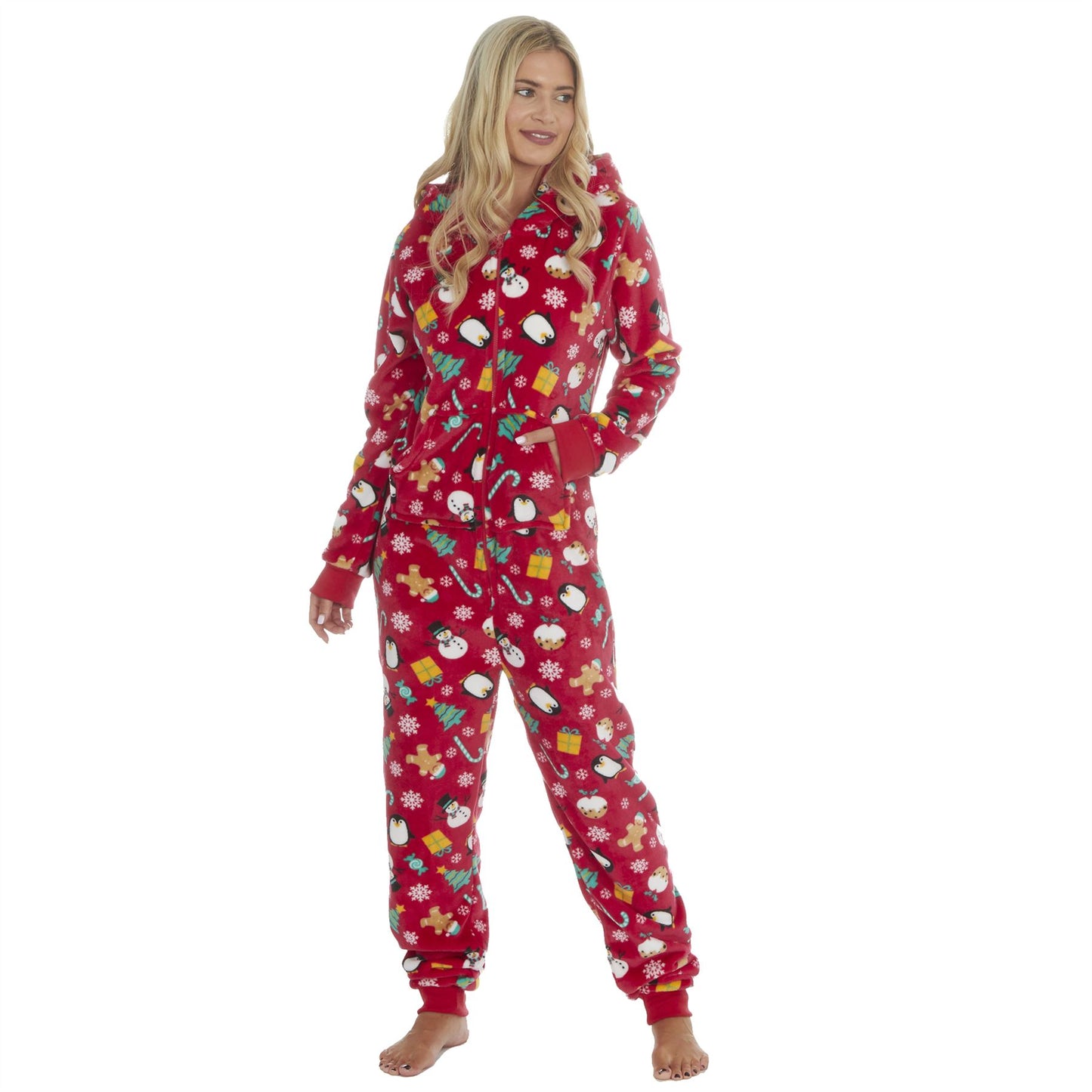 Slumber Party Unisex Christmas Print Flannel Fleece Onesie - Red