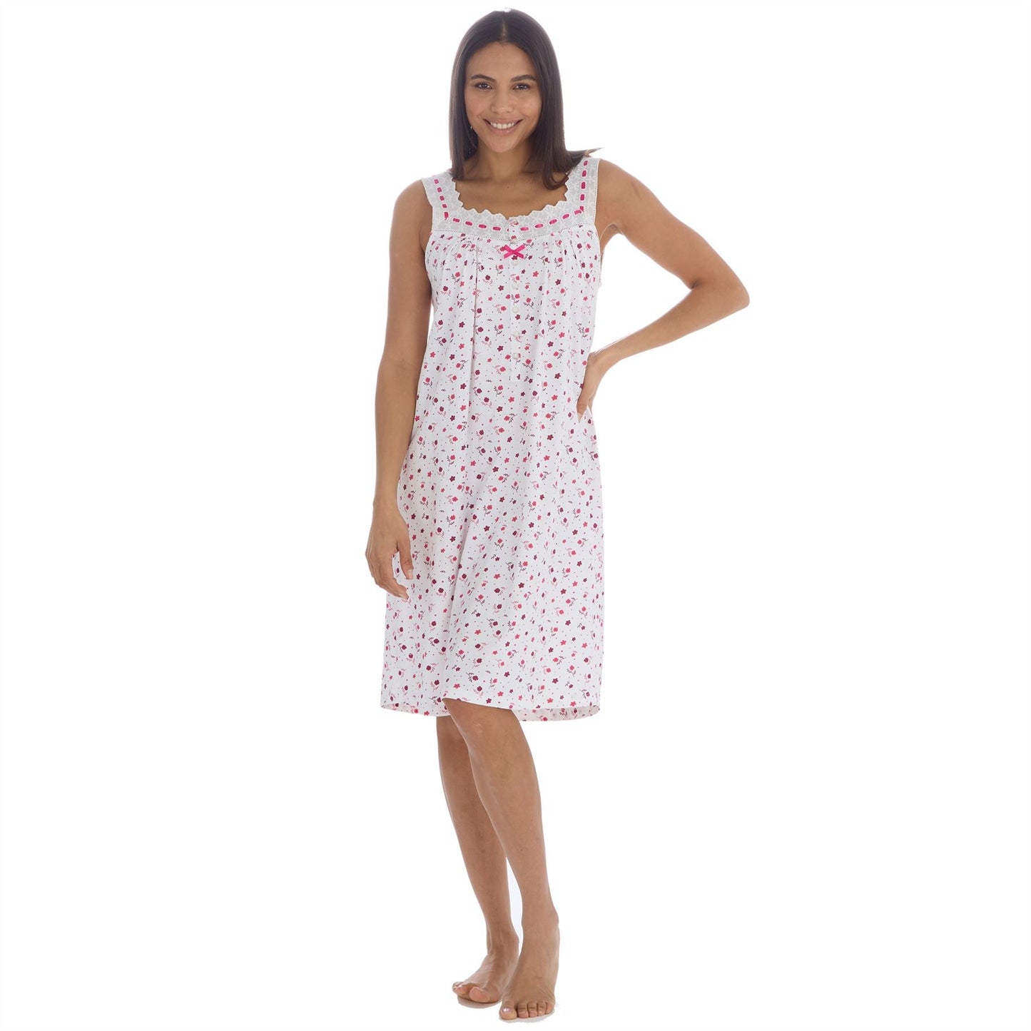 Cottonique Sleeveless Floral Nightdress - White/Berry Cottonique