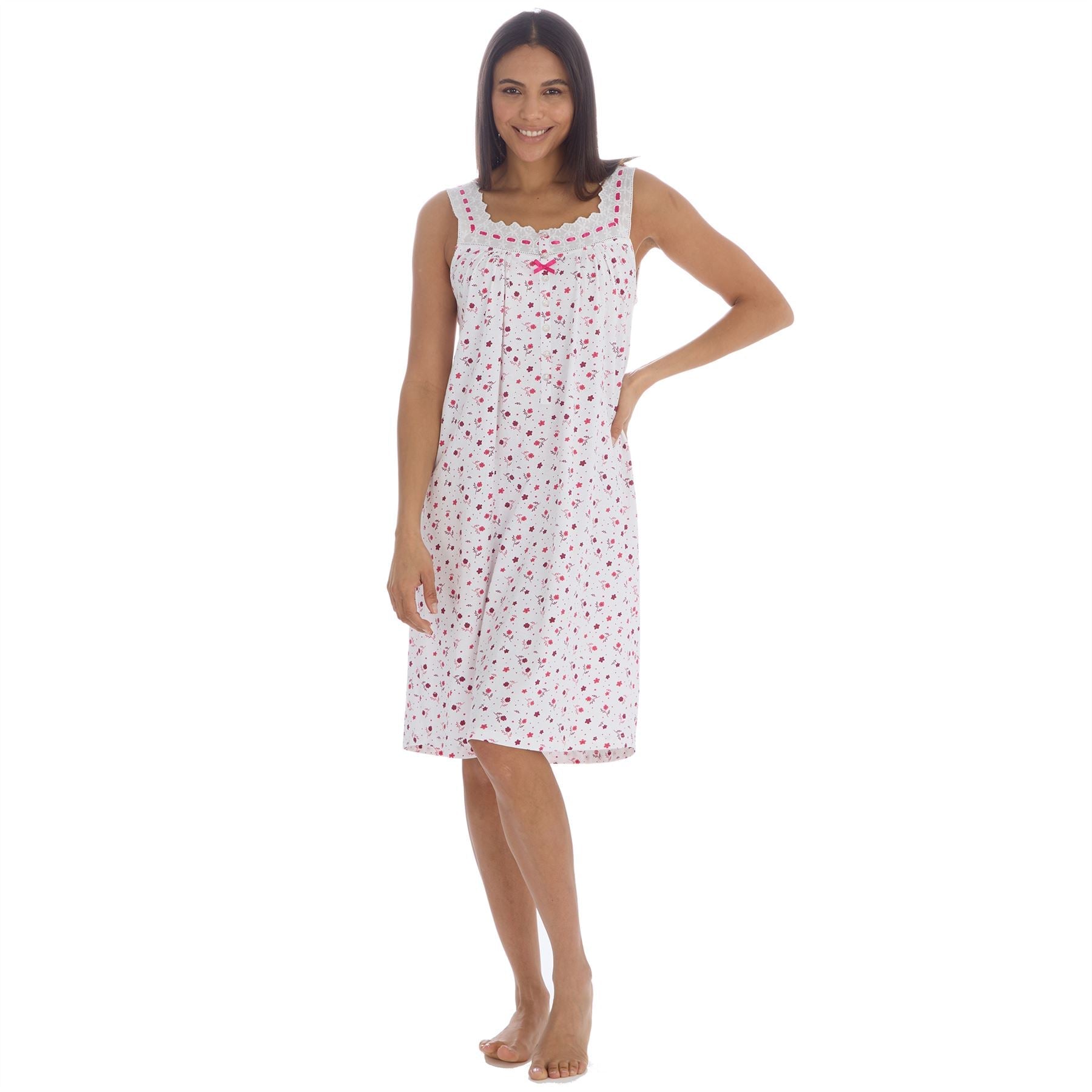 Cottonique Sleeveless Floral Nightdress - White/Berry Cottonique