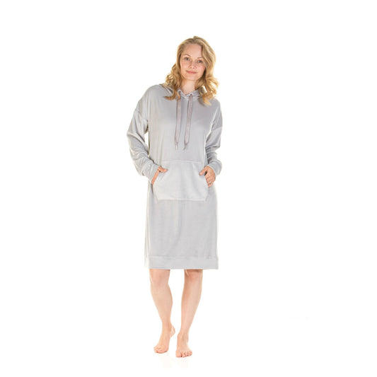 La Marquise Womens Velour Lounge Long Sleeve Hooded Nightdress - Grey
