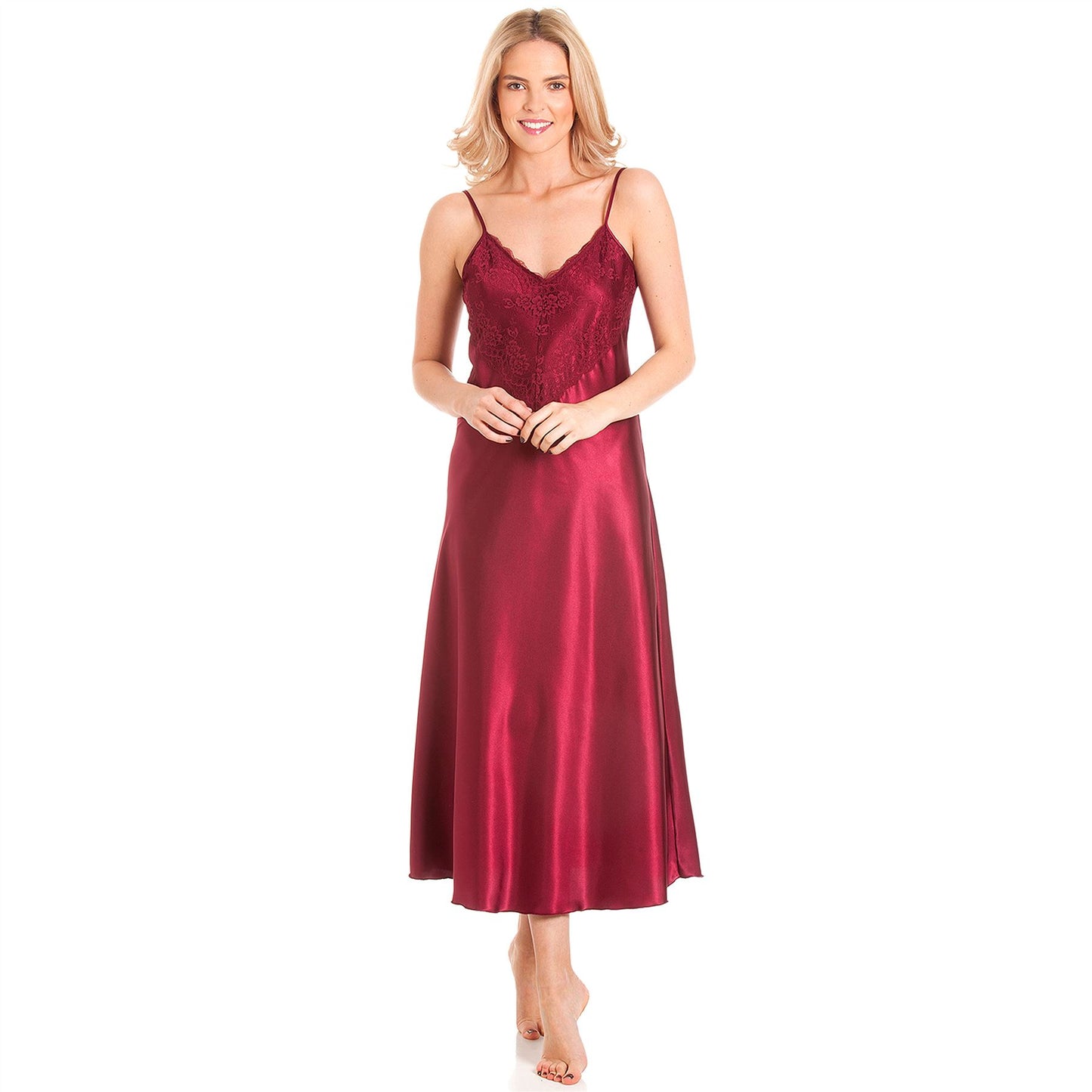 Lady Olga Long Satin Strappy Nightdress - Claret