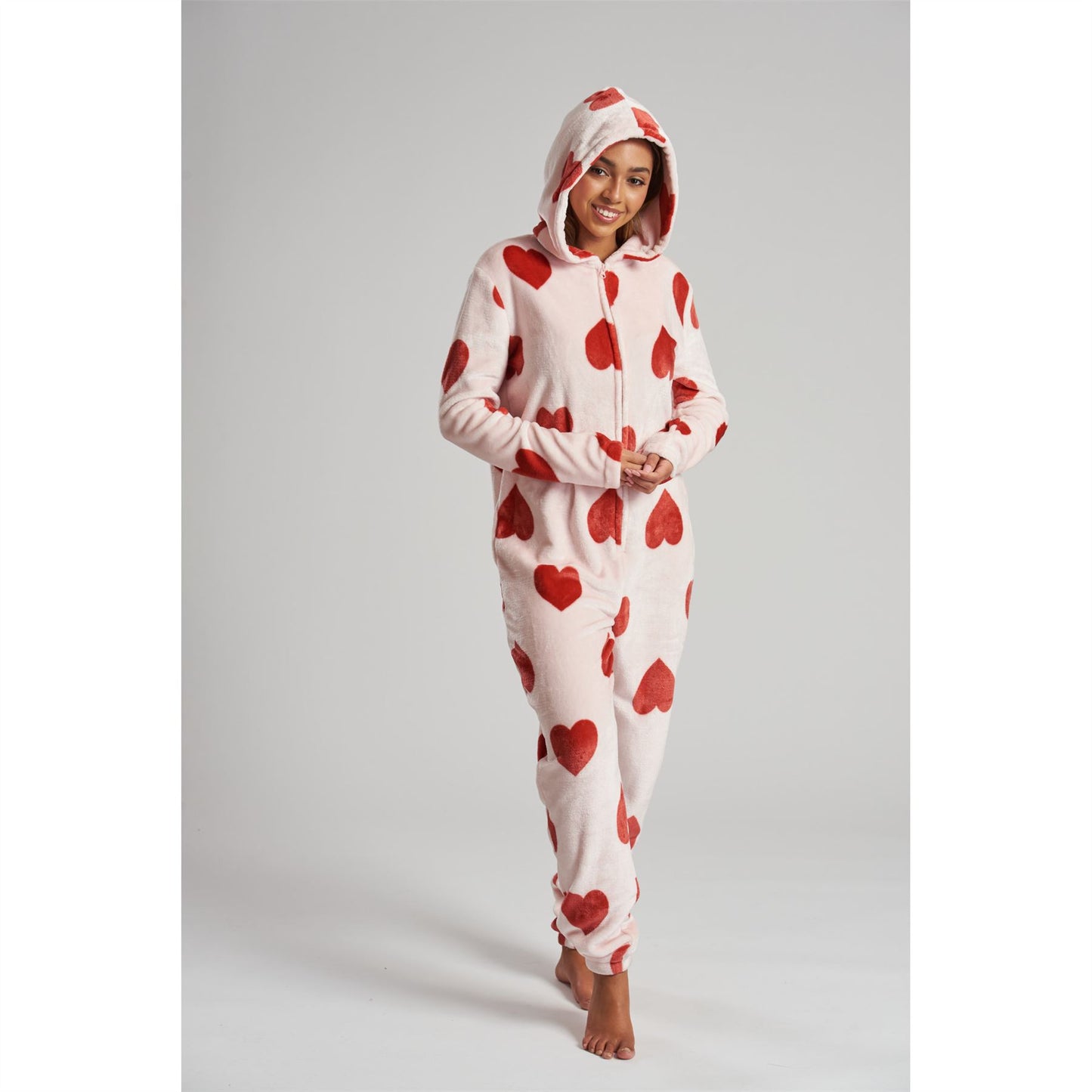 Loungeable Womens Heart Luxury Fleece Onesie - Pink