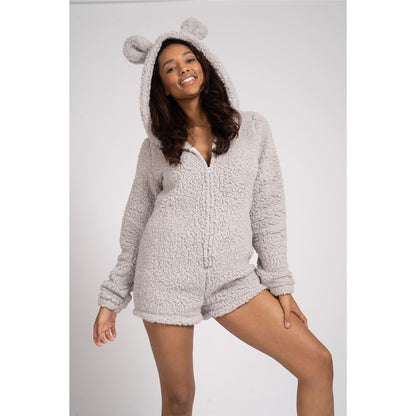 Loungeable Womens Teddy Sherpa Fleece Romper Onesie - Silver