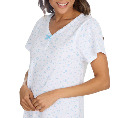 Cottonique Short Sleeve Floral Longline Nightdress - White/Blue