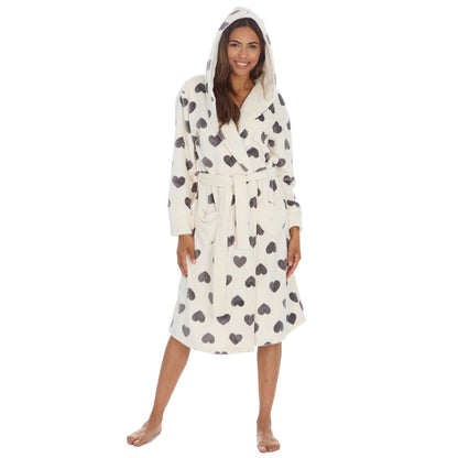 Forever Dreaming Womens Fleece Hooded Robe - Cream/Grey Hearts