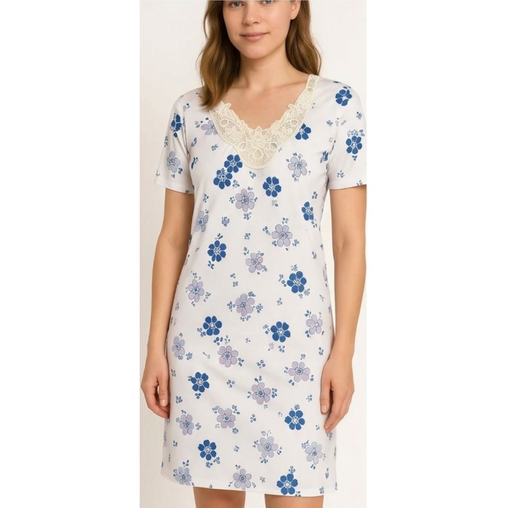 Fine Woman Womens Floral Lace Applique Nightdress - White/Purple Fine Woman