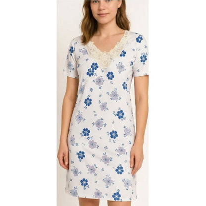 Fine Woman Womens Floral Lace Applique Nightdress - White/Purple Fine Woman