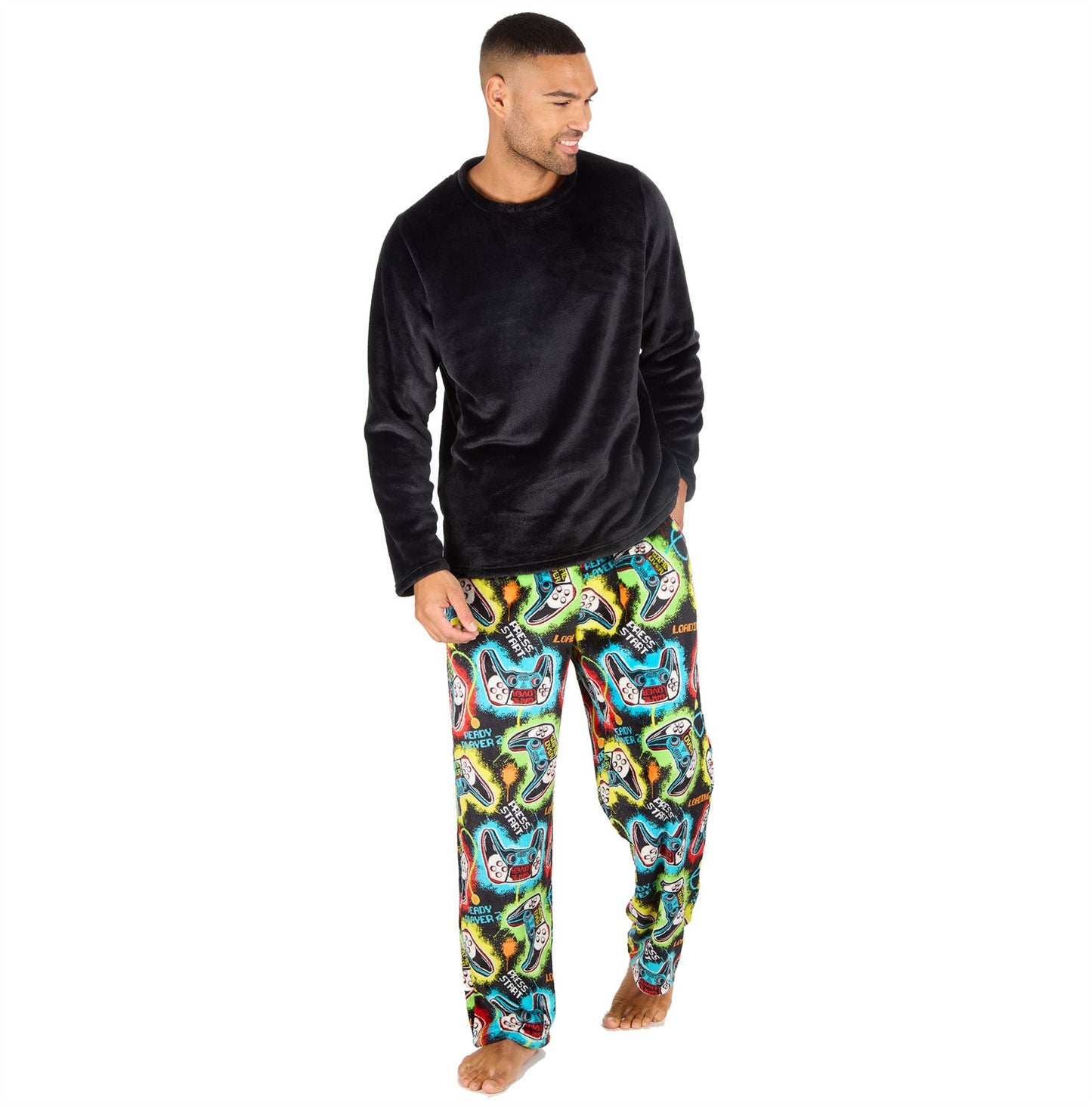 Cargo Bay Mens Fleece Pyjamas - Black/Gamer Print