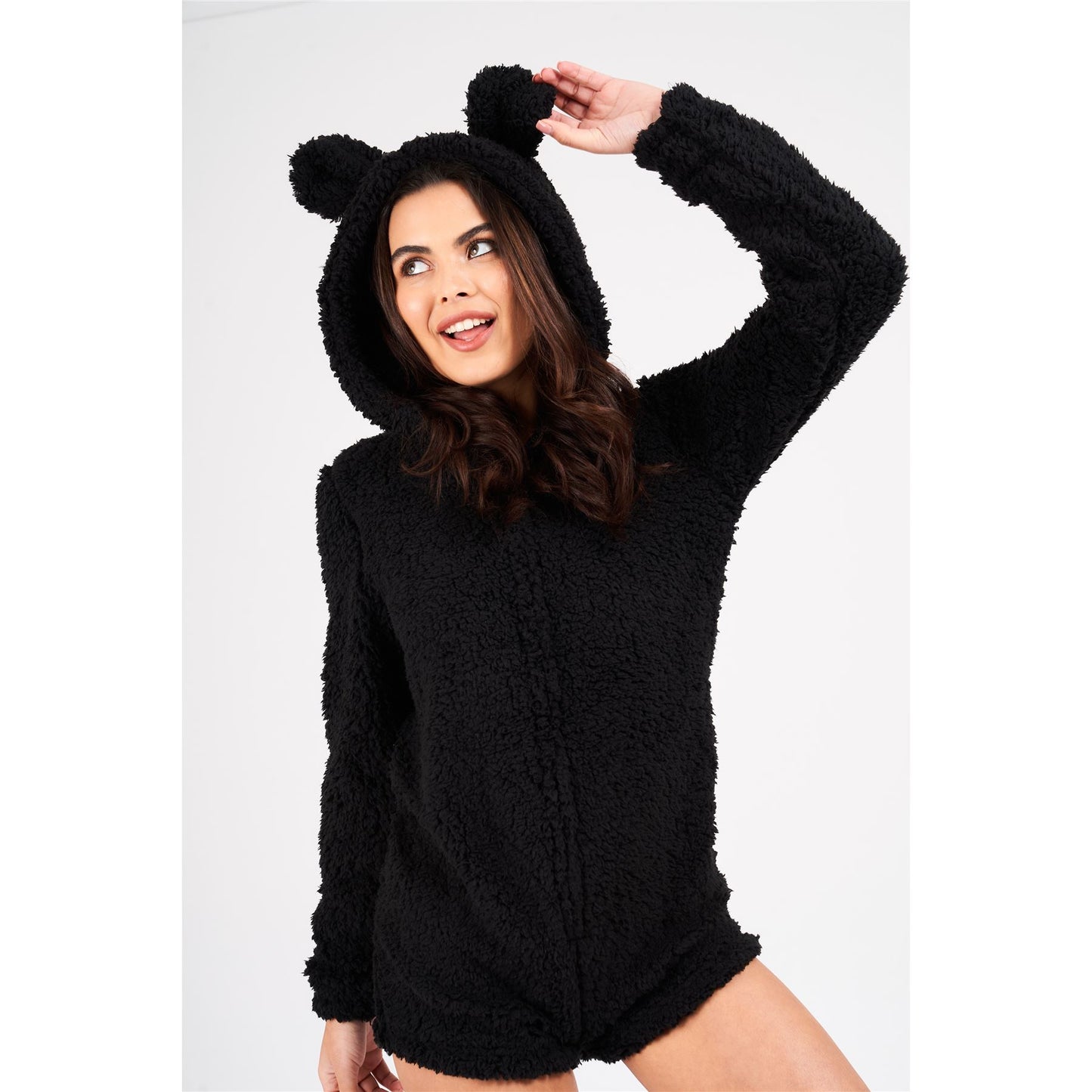 Loungeable Womens Teddy Sherpa Fleece Romper Onesie - Black