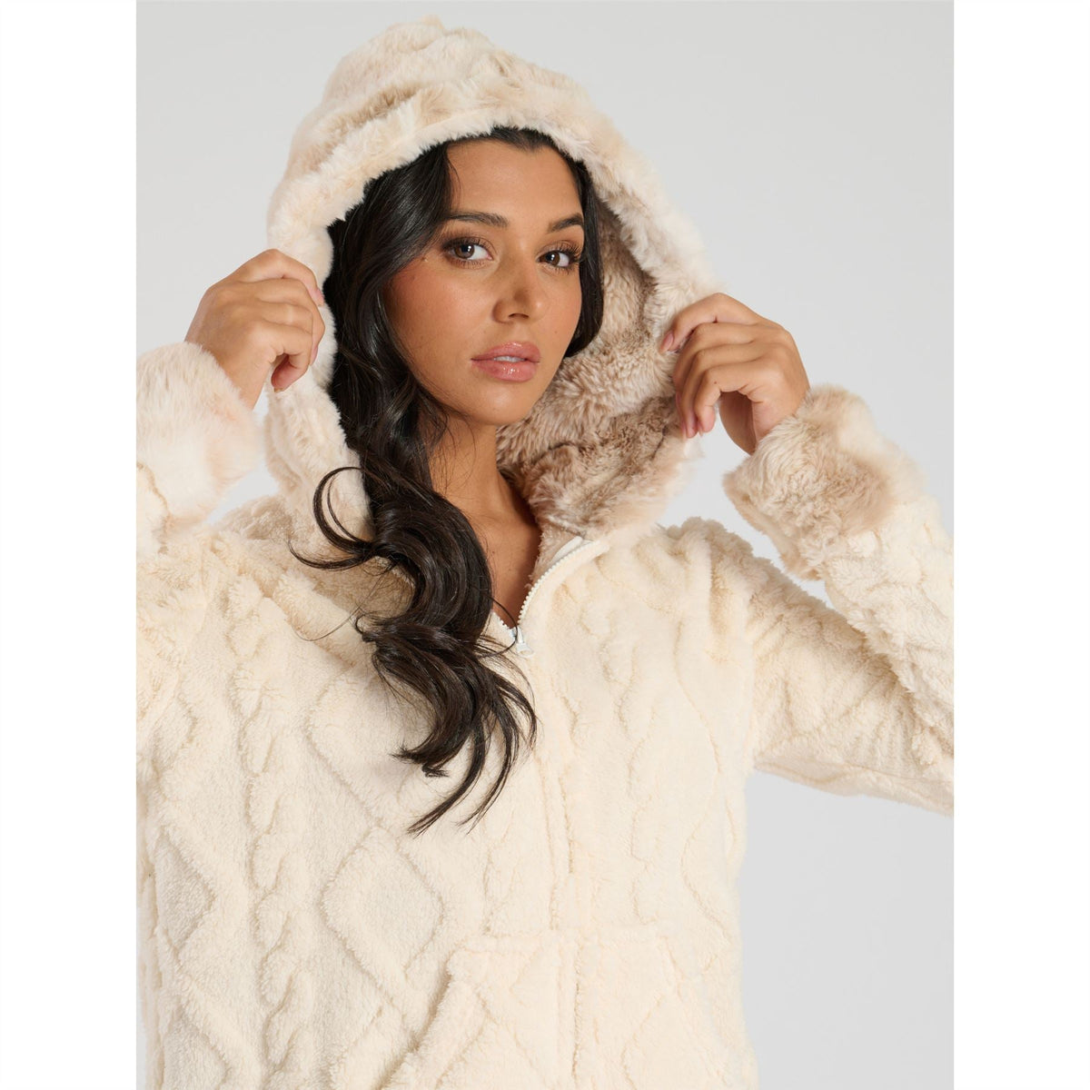 Loungeable Womens Cable Cut Faux Fur Sherpa Fleece Onesie Loungeable