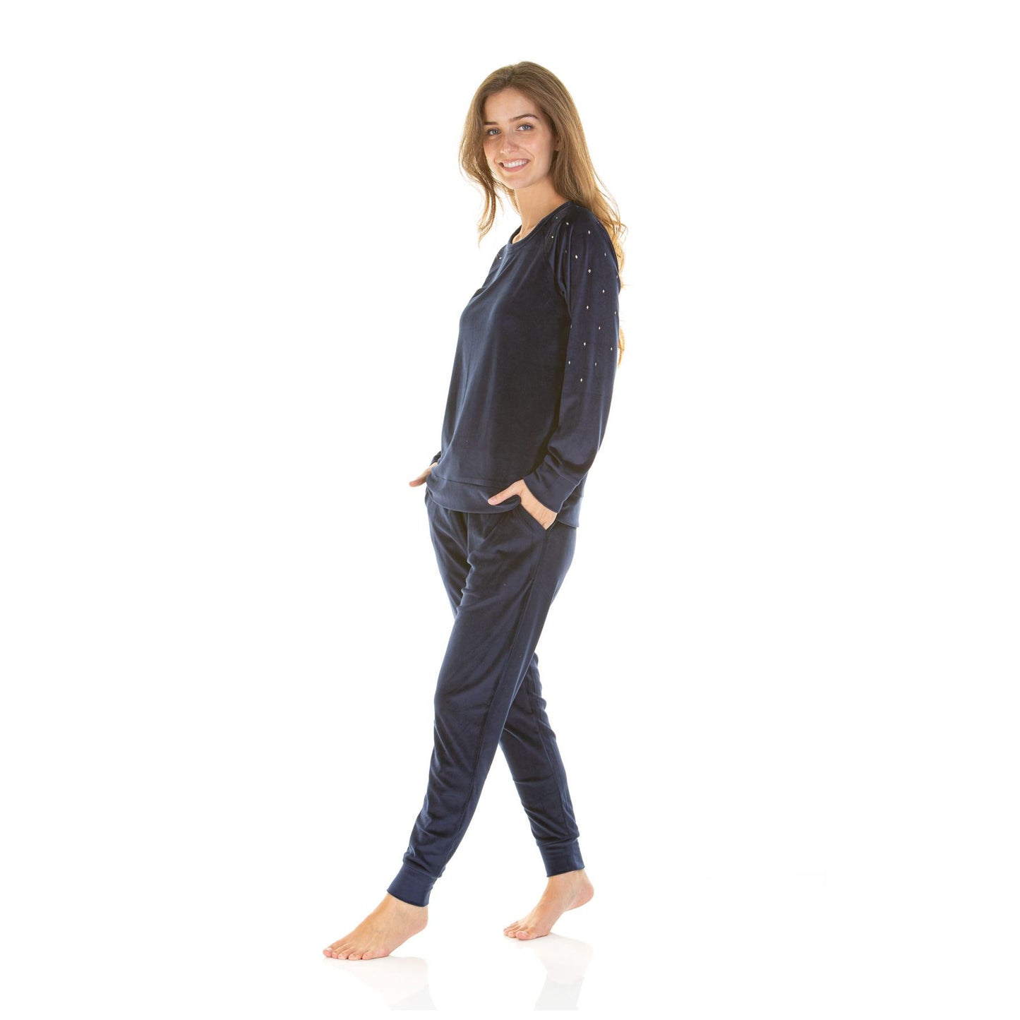 La Marquise Womens Velour Lounge Diamond Shoulder Pyjamas - Navy