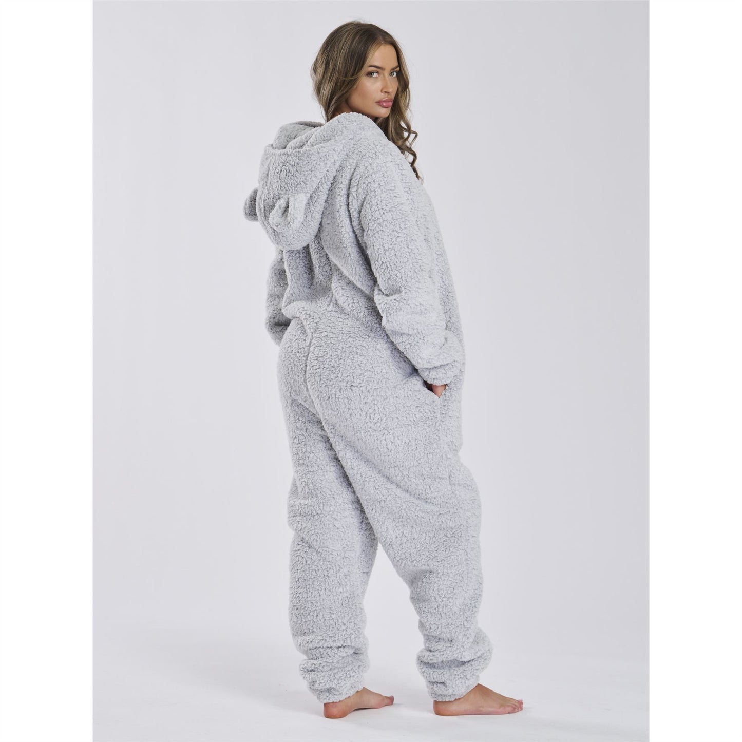 Loungeable Womens Sherpa Fleece Teddy Bear Onesie - Silver