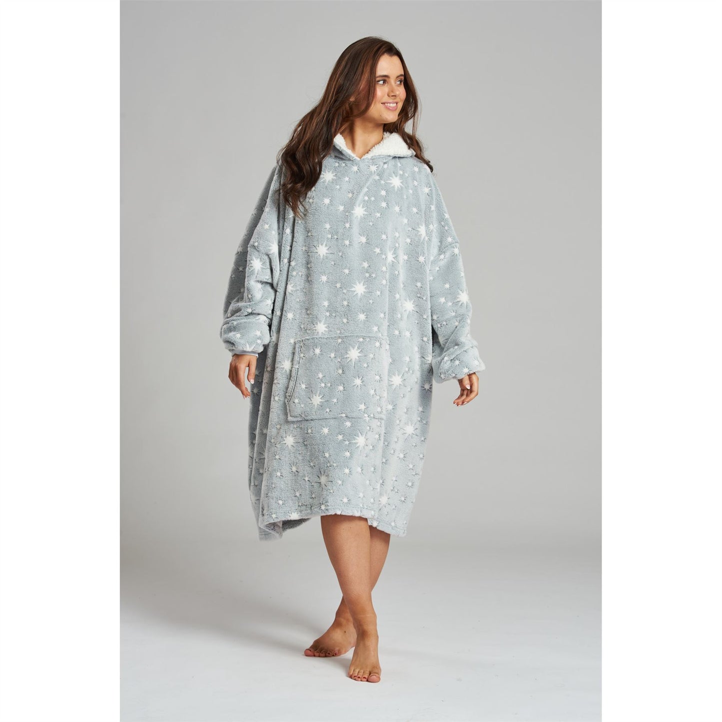 Loungeable Womens Sparkle Star Luxury Fleece Snuggle Hoodie - Grey