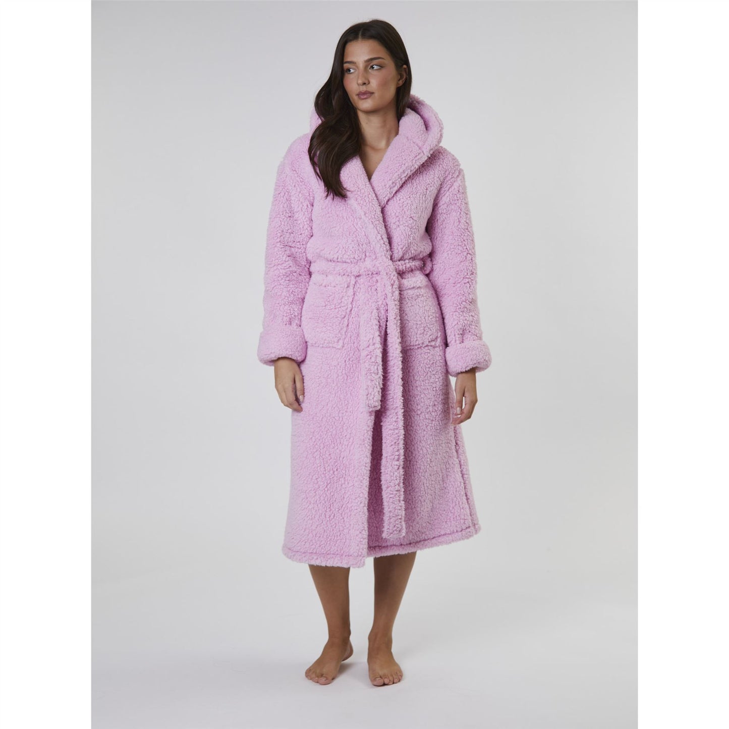Loungeable Chunky Sherpa Hooded Midi Robe - Pink