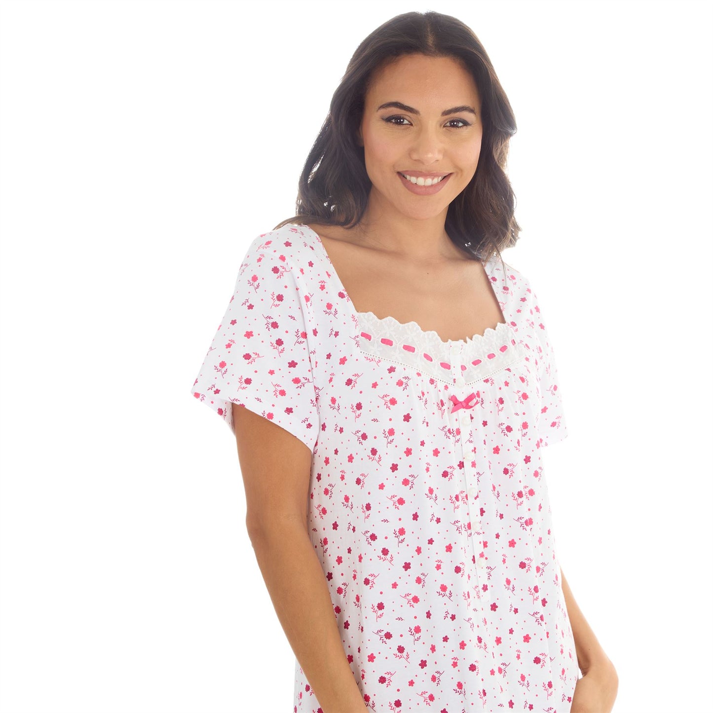 Cottonique Short Sleeve Floral Nightdress - White/Berry