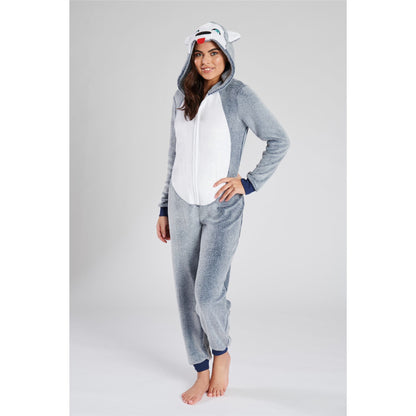Loungeable Womens Husky Dog Fleece Onesie - Blue/Grey