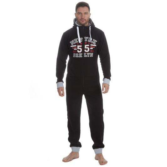 Onezee Mens Distressed Logo Print Microfleece Onesie - Black